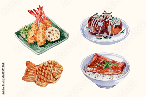 Watercolor Japanese food elements collection