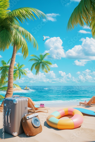 A vibrant beach scene with a stylized, playful vibe. Includes colorful items like a suitcase, inflatable ring, beach chair, and a camera, framed by palm trees and a bright ocean backdrop.
