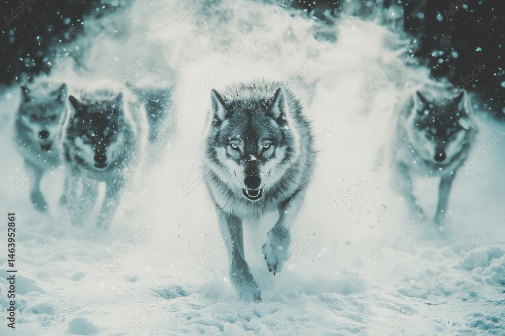 Powerful pack of three gray and white wolves running at full speed through snow in a winter landscape with snow splashes and icy surroundings du daytime Powerful pack of three gray and white wolves running at full speed through snow in a winter landscape with snow splashes and icy surroundings du daytime