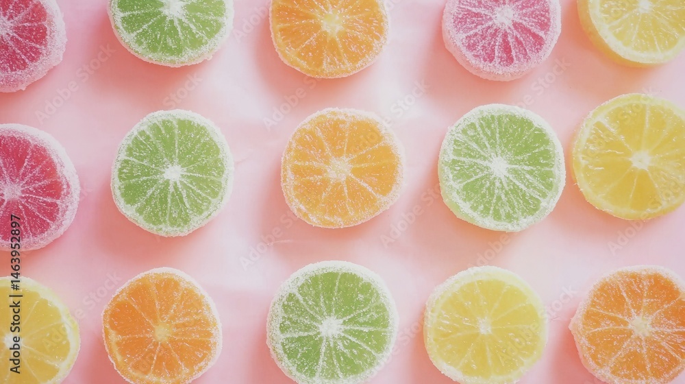 Fototapeta premium Sugary Citrus Fruit Slices on Pink Background