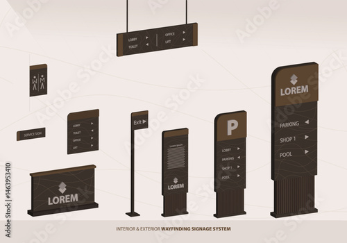 Wayfinding system 3D signage mockup set Direction signs Exterior and interior way finding design