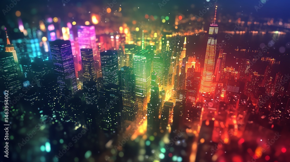 Vibrant neon skyline at night with colorful lights. Vibrant neon skyline at night with colorful lights.