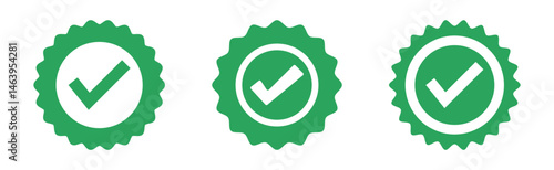 Quality guarantee green vector icon with checkmark symbol. Approving, check, award, winner, trophy, top quality, promotion concept. PNG transparent
