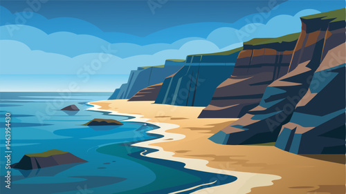 Rocky cliffs line the edge of the beach creating a dramatic contrast to the calm waters of the tidal pools.