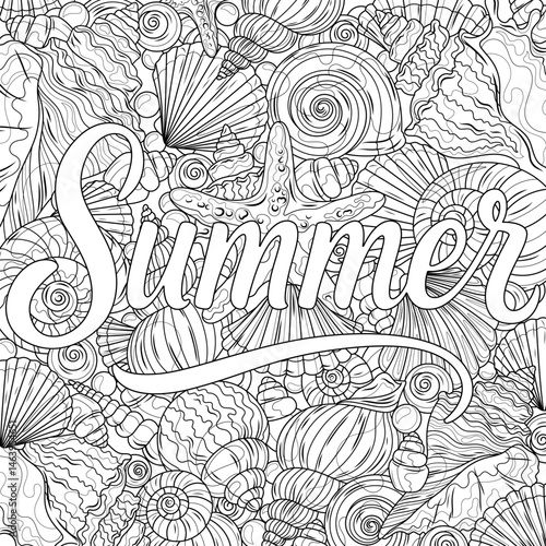 Sea shells and starfish and the inscription Summer .Coloring book antistress for children and adults. 