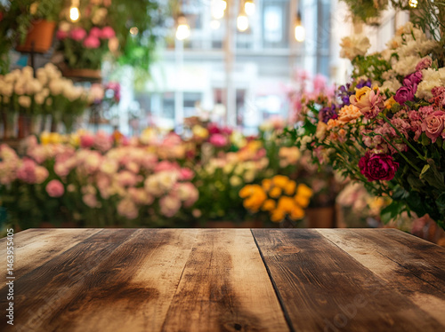 A wooden table in the foreground with a vibrant, blurred floral market scene in the background, filled with colorful flowers, creating a cheerful and inviting atmosphere.