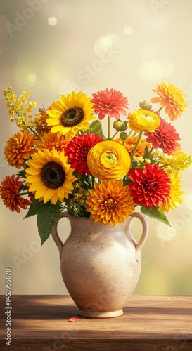 Wallpaper Mural Illustration Vase of Sunflowers and Red Flowers on Table Warm Light Torontodigital.ca