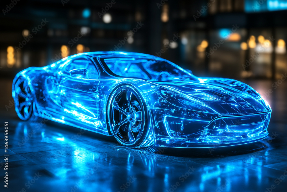 Fototapeta premium Futuristic Blue Sports Car Digital Design Night Cityscape