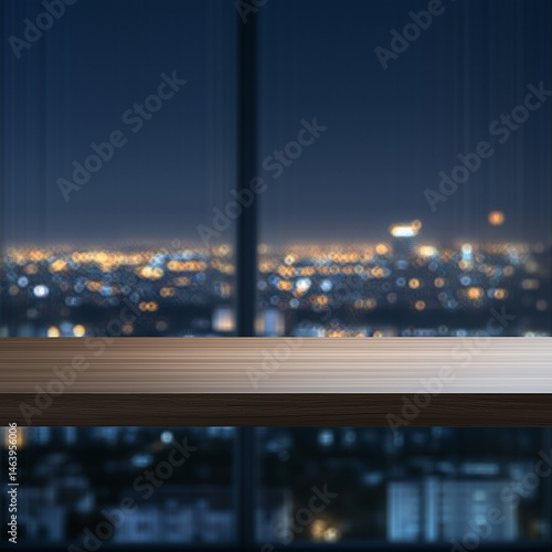 A wooden table with a blurred cityscape and bokeh lights in the background, evoking a vibrant, night-time urban atmosphere, perfect for an evening setting.
