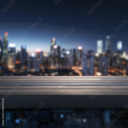 A wooden table with a blurred cityscape and bokeh lights in the background, evoking a vibrant, night-time urban atmosphere, perfect for an evening setting.
