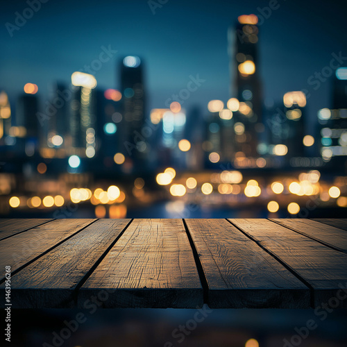 A wooden table with a blurred cityscape and bokeh lights in the background, evoking a vibrant, night-time urban atmosphere, perfect for an evening setting.
