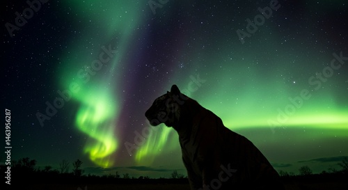 Majestic Tiger Silhouette Against Vibrant Aurora Borealis Night Sky