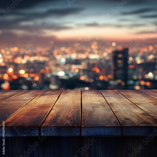 A wooden table against a blurry city skyline during the night, with a bokeh of lights creating a vibrant and atmospheric backdrop. The image conveys a sense of urban sophistication.