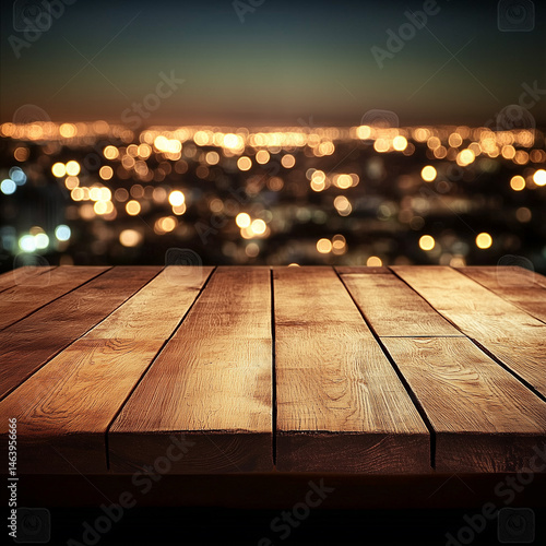 A wooden table against a blurry city skyline during the night, with a bokeh of lights creating a vibrant and atmospheric backdrop. The image conveys a sense of urban sophistication.