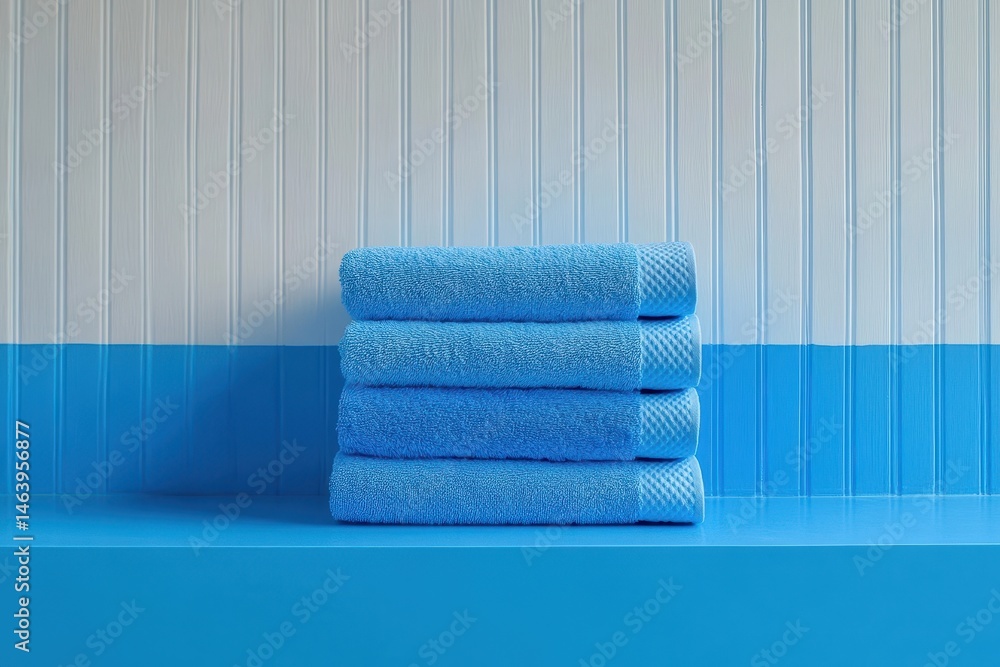 Stack of four folded blue towels on blue shelf with background. Use for bathroom, spa, cleanliness, or hotel concepts.