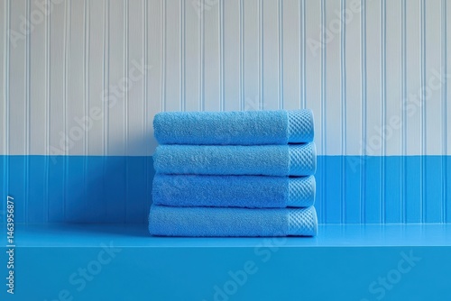 Obraz na płótnie Stack of four folded blue towels on blue shelf with background. Use for bathroom, spa, cleanliness, or hotel concepts. w salonie