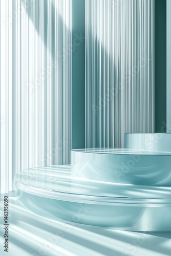 A minimalist abstract design featuring translucent glass like podiums with soft, vertical light blue lines in the background, creating a serene and modern atmosphere.

