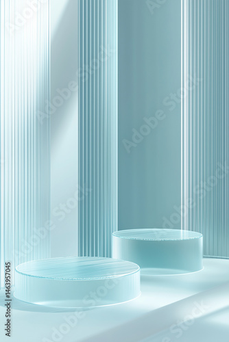 A minimalist abstract design featuring translucent glass like podiums with soft, vertical light blue lines in the background, creating a serene and modern atmosphere.

