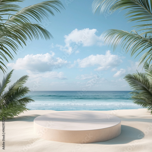 A minimalist circular pedestal set on a sandy beach, framed by palm trees, with a tranquil ocean and blue sky in the background, creating a serene tropical scene.