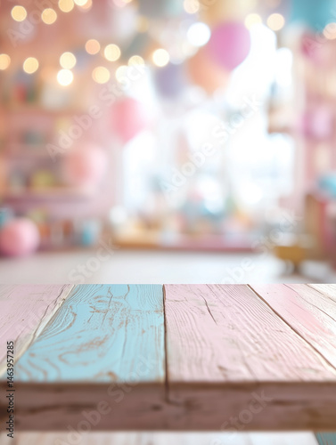 A close-up of a wooden table with a blurry, colorful background of a cheerful children's room adorned with lights, toys, and pastel-colored decor.

