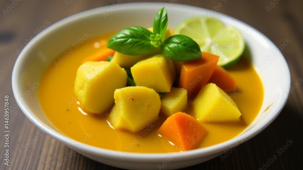 Delightful tropical curry featuring colorful vegetables and fresh herbs in a warm bowl enjoyed at a vibrant kitchen setting Delightful tropical curry featuring colorful vegetables and fresh herbs in a warm bowl enjoyed at a vibrant kitchen setting