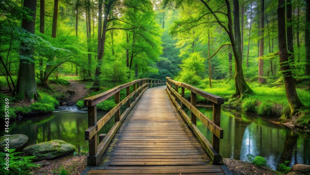 Fototapeta premium Wooden bridge spanning over a tranquil stream in lush green forest with tall trees and vibrant foliage on either side