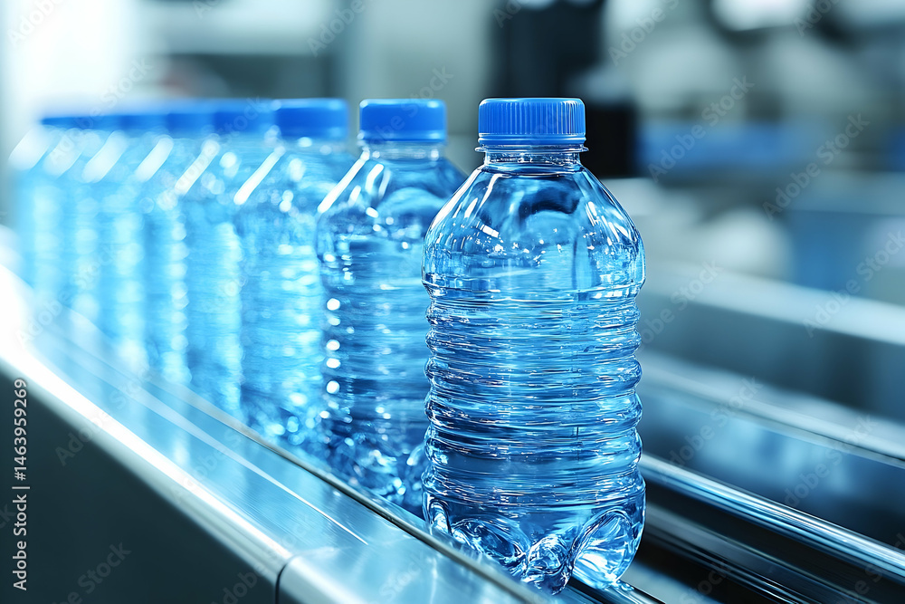 Water bottles on conveyor belt production line clean packaging mass manufacturing Water bottles on conveyor belt production line clean packaging mass manufacturing
