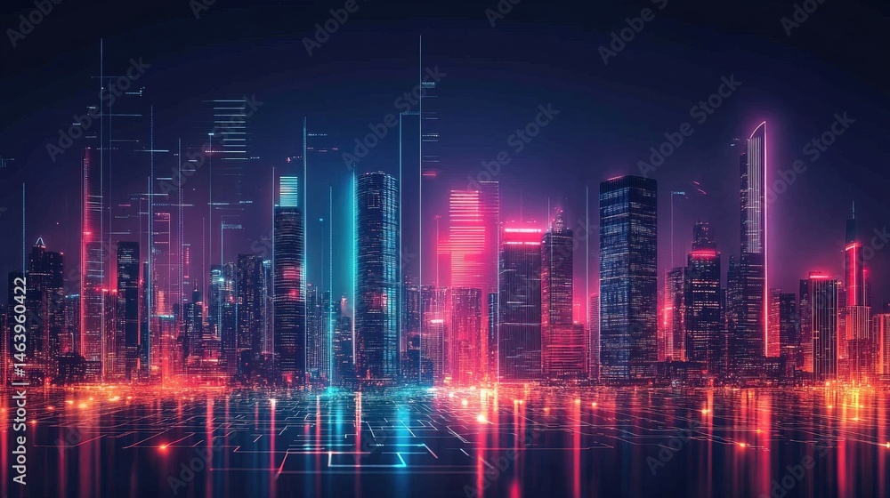 A neon-lit city skyline with a holographic roadmap of business success A neon-lit city skyline with a holographic roadmap of business success
