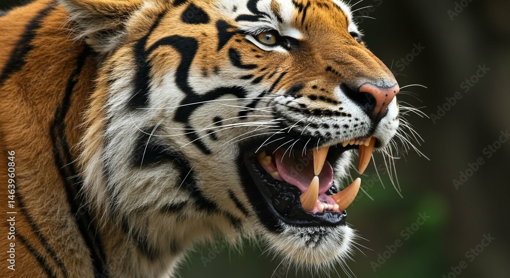 Naklejka premium Majestic Tiger Close Up Ferocious Snarl Orange Fur Wild Cat Portrait