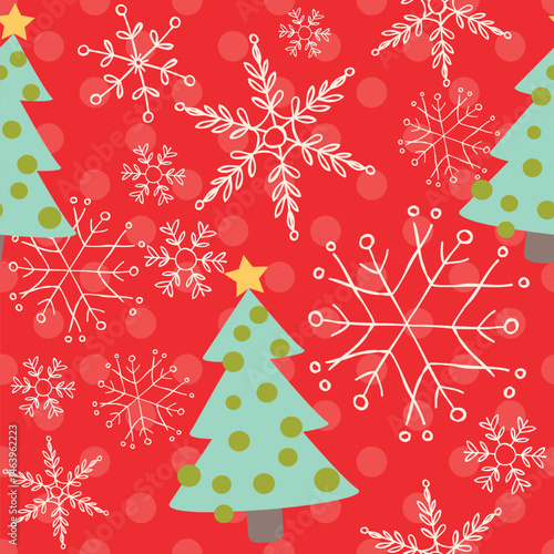 Christmas red background with snowflakes and Christmas trees
