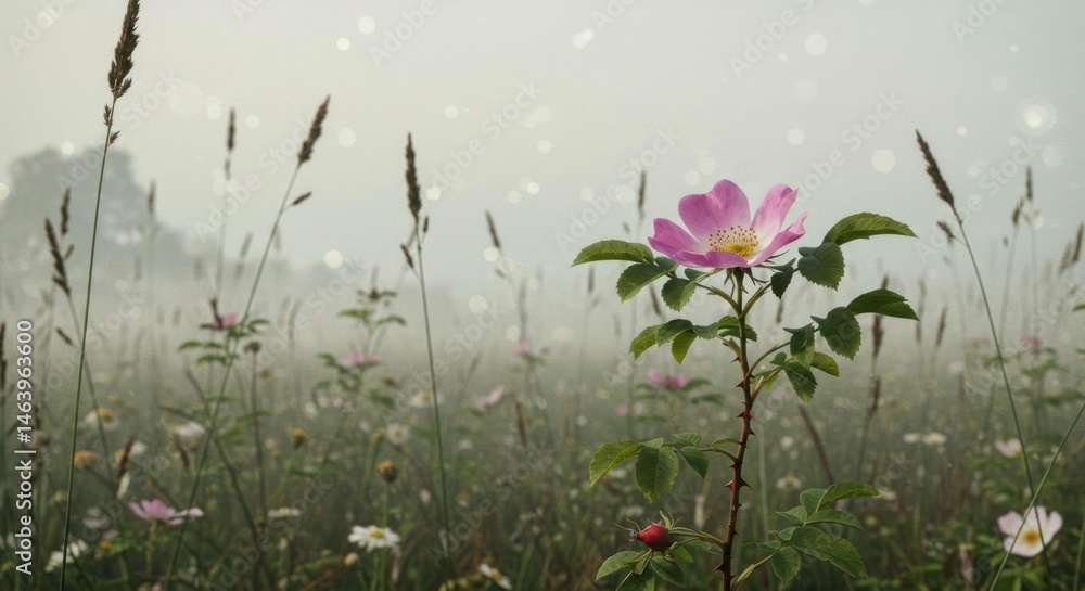Obraz premium Wild roses in misty meadow. Peaceful scene.