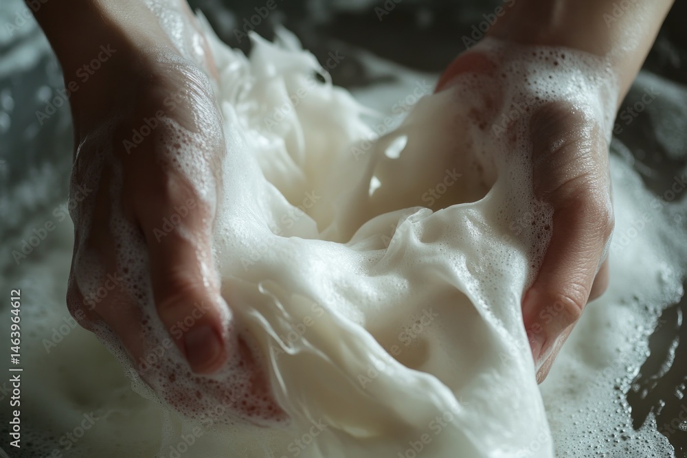Close-up on hands squeezing soapy white cloth, domestic chore Close-up on hands squeezing soapy white cloth, domestic chore