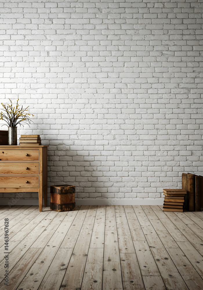Living Room with Wooden Floor Brick Wall and Vintage Furnishings Living Room with Wooden Floor Brick Wall and Vintage Furnishings