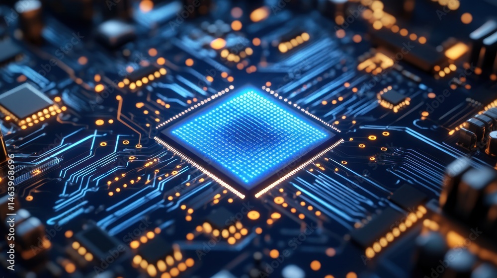 Close-up of a glowing blue CPU on a circuit board, illuminating the intricate technological design. Close-up of a glowing blue CPU on a circuit board, illuminating the intricate technological design.
