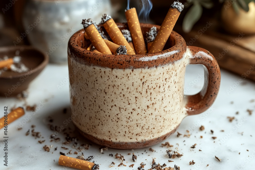 Cigarettes are stubbed in a rustic ceramic mug on a marble surface. Concept of smoking and health awareness. For anti-smoking campaigns.