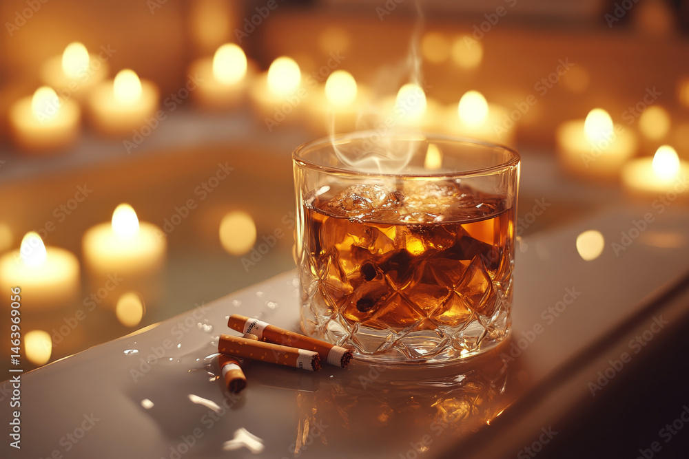 A glass of amber liquid with ice and three cigarettes lie on a wet surface, surrounded by lit candles. Concept of relaxation and indulgence. For lifestyle photo.