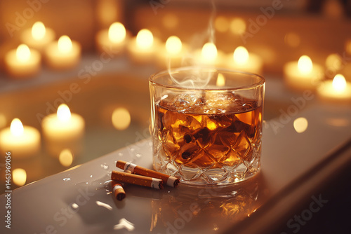 Obraz na płótnie A glass of amber liquid with ice and three cigarettes lie on a wet surface, surrounded by lit candles. Concept of relaxation and indulgence. For lifestyle photo. w salonie