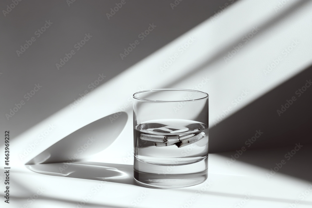 A measuring tape is submerged in a glass of water casting intricate shadows. Concept of precision and symmetry. For artistic and minimalist design.