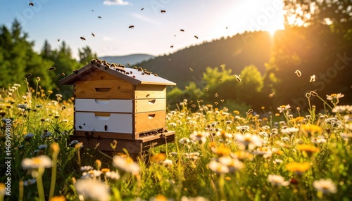 Beehive in Field with Flying Bees
