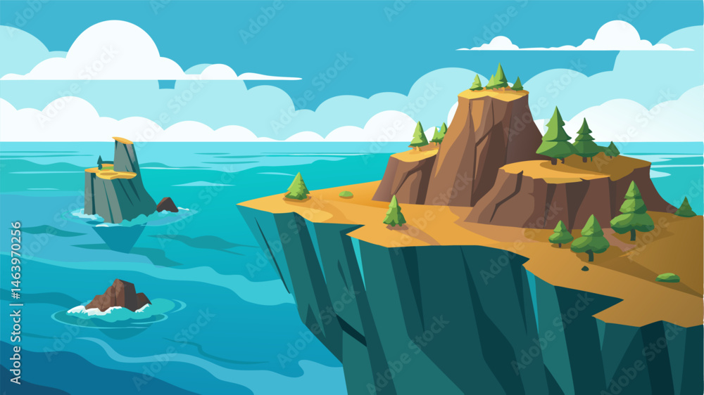 Naklejka premium Perched atop a rugged cliff the expansive view of the glistening ocean below is dotted with little islands and hidden coves begging to be explored.