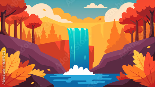 The beauty of a waterfall framed by vibrant autumn leaves adding a touch of warmth to the cool forest landscape.