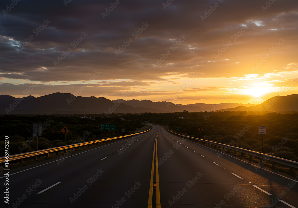 Naklejka premium Majestic Photo Highway Leads to Dramatic Golden Sunset Horizon