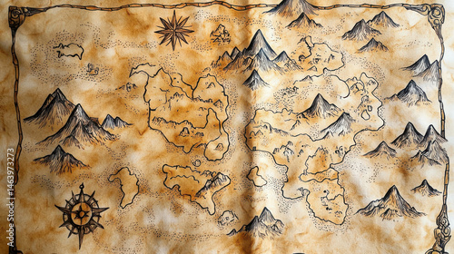 Vintage Hand-Drawn Treasure Map Featuring Mountains, Islands, Compass Rose, and Decorative Elements