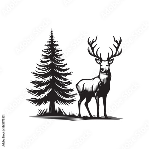 A high-contrast black and white silhouette of a deer standing motionless in profile, captured in a flat vector art style.