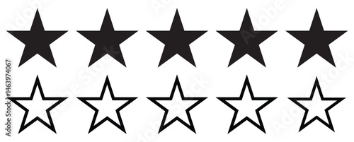 Five stars customer product review icon set, featuring Black 5-star rating flat icons for apps and websites. Represents quality, customer rating, and feedback in transparent  vector format.