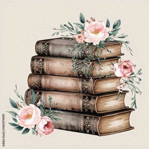 pink roses and old books