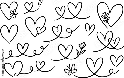 Spring heart doodles, vector line art flourishes, linear hand drawn outline illustration set, floral love symbol collection, isolated