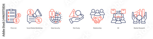 B2C Market Strategy web banner icon sheet price list, social media marketing, data security, risk study, relationship, b2c, market research