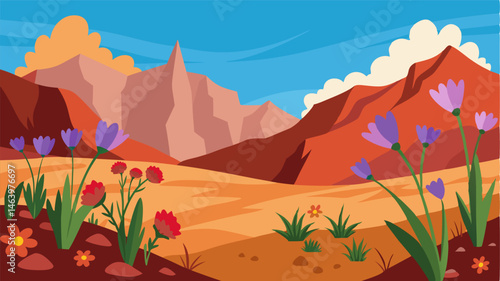 The harsh terrain is softened by blankets of vibrant wildflowers lending a touch of fragile beauty.