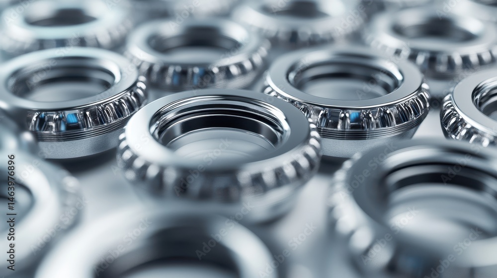 Obraz premium Shiny chrome metal rings are arranged close together in this macro photo. It can represent industry, manufacturing, engineering, or construction themes.